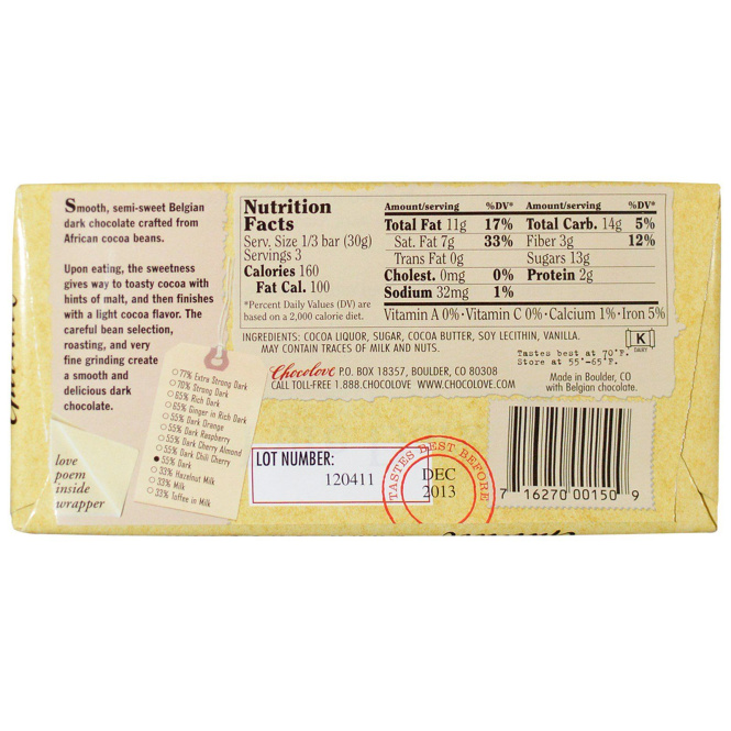 Chocolove, Темный шоколад, 3,2 унции (90 г)