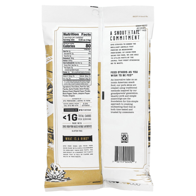 Epic Bar, Традиционные шкварки, специи BBQ, 2.5 унций (70 г)