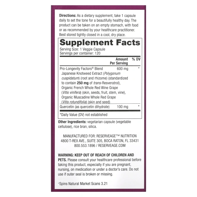 ReserveAge Nutrition, Ресвератрол, с активным транс-ресвератролом, 250 мг, 120 вегетарианских капсул