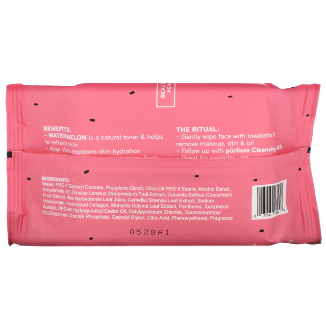 Purlisse, Watermelon, Energizing Makeup Remover Wipes, 30 Towelettes