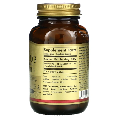 Solgar,  Витамин D3 (холекальциферол), 15 мкг, 600 МЕ, 120 растительных капсул