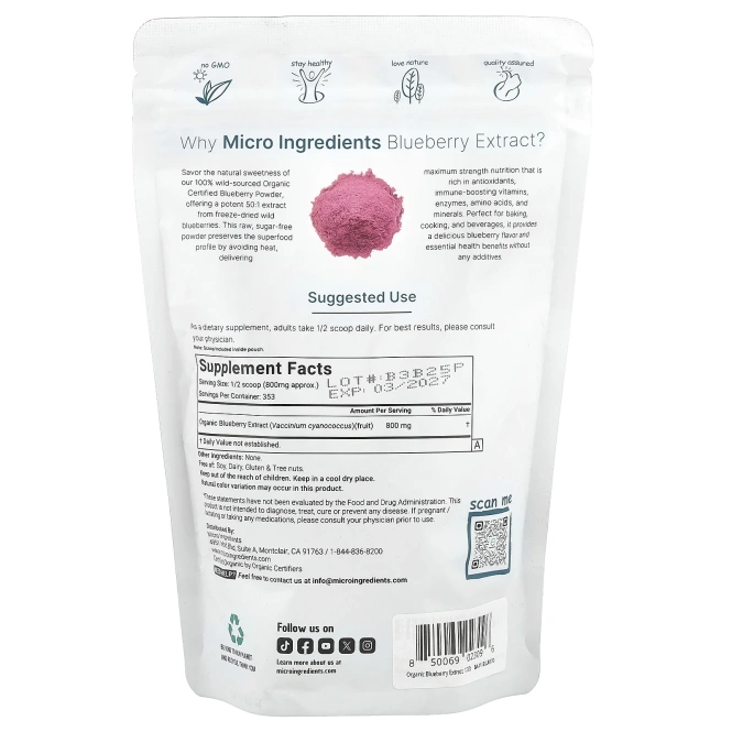 Micro Ingredients, Органический, лиофилизированный экстракт голубики, 283 г (10 унций)