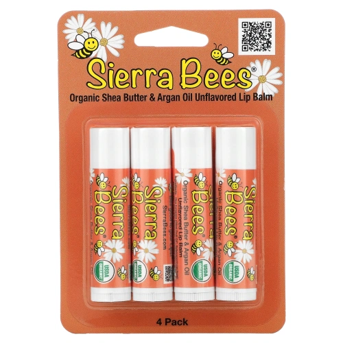 Sierra Bees, Органические бальзамы для губ, масло ши и аргановое масло, 4 в упаковке, по 4,25 г (0,15 унц.) каждый