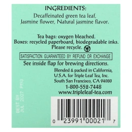 Triple Leaf Tea, зеленый чай с жасмином без кофеина, 20 чайных пакетиков, 38 г (1,34 унции)