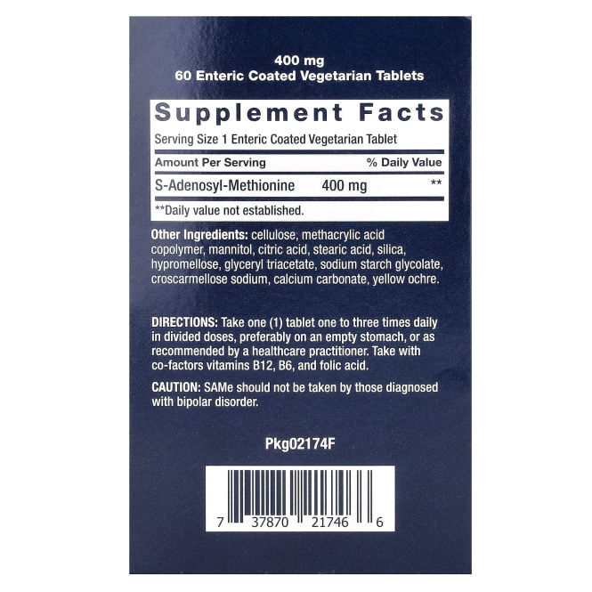 Life Extension, SAMe, S-аденозилметионин, 400 мг, 60 вегетарианских таблеток, покрытых кишечнорастворимой оболочкой