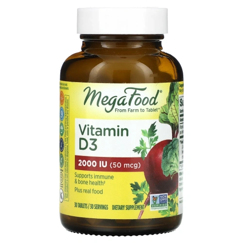 MegaFood, витамин D3, 2000 МЕ (50 мкг), 30 таблеток