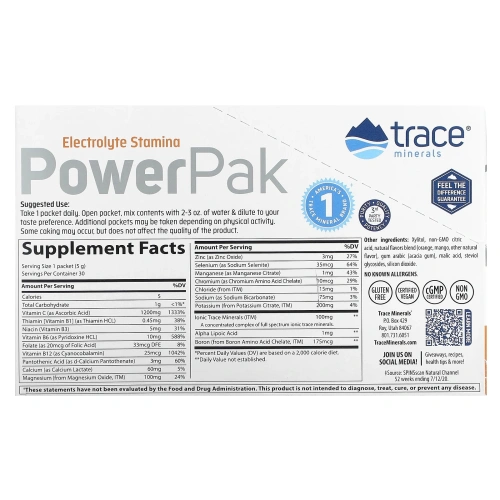 Trace Minerals Research, Electrolyte Stamina Power Pak - Апельсин Манго без сахара 30 шт