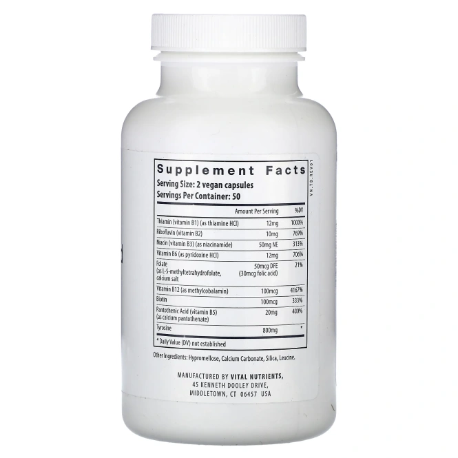 Vital Nutrients, тирозин и витамины группы B, 100 растительных капсул