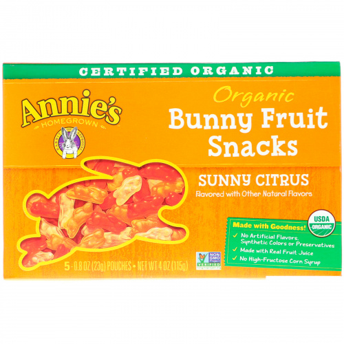 Annie's Homegrown, Органические фруктовые закуски Bunny, солнечный цитрус, 5 пакетиков, 0.8 унции (23 г) каждый