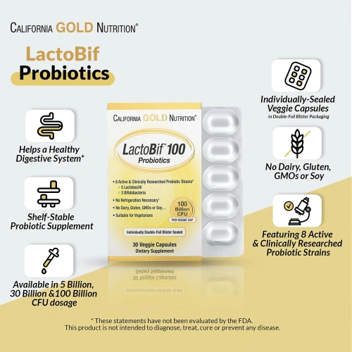 California Gold Nutrition, Пробиотики LactoBif, 5 млрд КОЕ, 60 овощных капсул