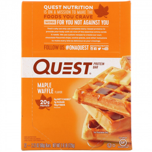 Quest Nutrition, Протеиновый батончик, кленовые вафли, 12 шт, 2,12 унции (60 г) каждый