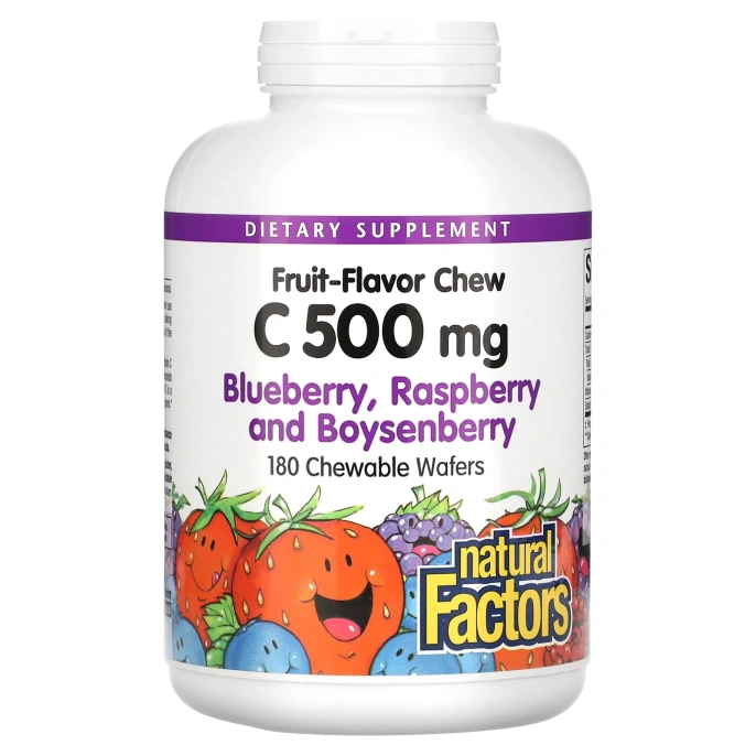 Natural Factors, жевательные таблетки с витамином C, со вкусом фруктов, голубика, малина и бойзенова ягода, 500 мг, 180 жевательных таблеток