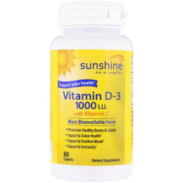 Sunshine, Vitamin D3 with Vitamin C, 1000 МЕ, 60 Caplets
