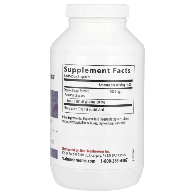 Real Mushrooms, Чага, экстракт грибов в порошке, 300 капсул