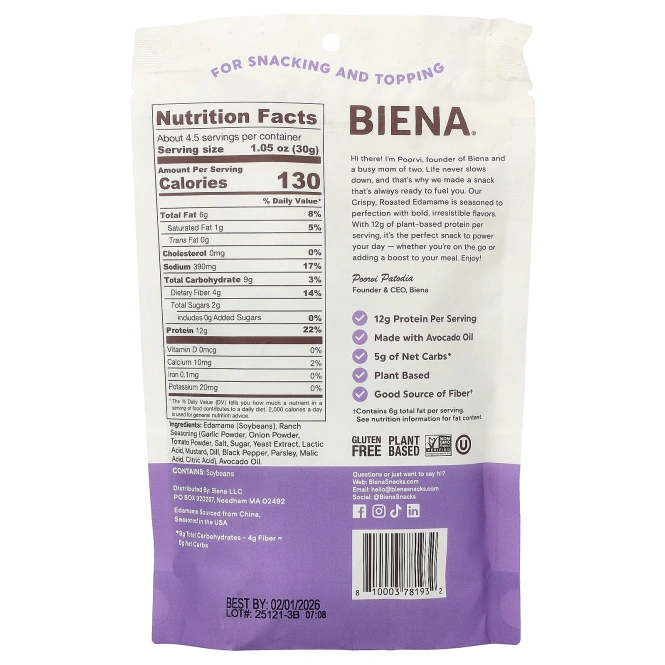 BIENA, Crispy Roasted Edamame, Ranch, 4.75 oz (135 g)