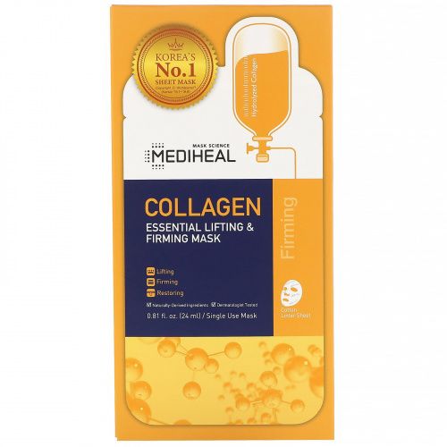 Mediheal, Коллаген, незаменимая тканевая маска для лифтинга и укрепления кожи, 5 шт., 24 мл (0,81 жидк. унции)