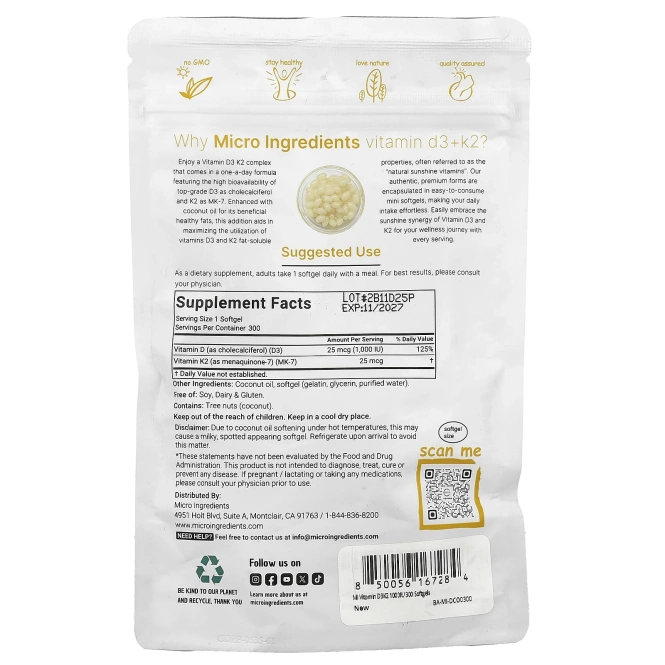 Micro Ingredients, витамины D3 и K2, 300 мягких таблеток