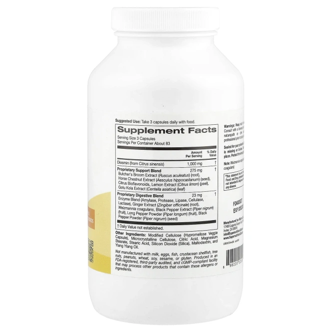 Super Nutrition, добавка для поддержки вен с диосмином, иглицей колючей, конским каштаном, биофлавоноидами и ферментами, 250 растительных капсул