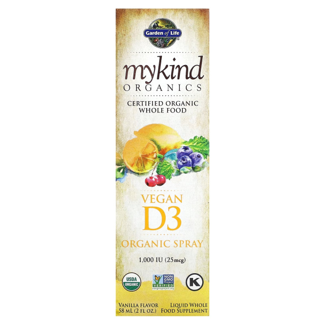 Garden of Life, Kind Organics, Веганский D3, 1000 МЕ, ванильный спрей, 2 унции (60 мл)