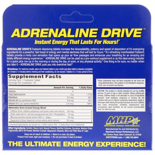 Maximum Human Performance, LLC, Adrenaline Drive, мята перечная, 30 быстро усваивающихся таблеток