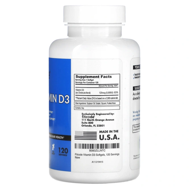 fitcode, Витамин D3, 5000 МЕ, 120 мягких таблеток
