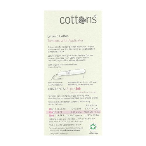 Cottons, 100% Natural Cotton, Tampons with Applicator, Super, 14 Tampons