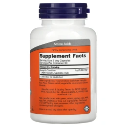 NOW Acetyl-L-Carnitine, Ацетил-L-карнитин 500 mg, 100 растительных капсул