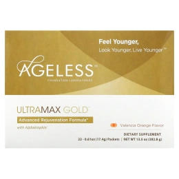 Ageless UltraMax Gold, улучшенная формула омоложения с альфатрофином, со вкусом валенсийского апельсина, 22 пакетика, 13,5 унции (17,4 г) каждый