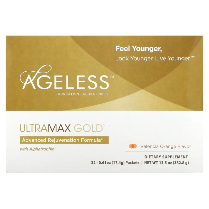 Ageless UltraMax Gold, улучшенная формула омоложения с альфатрофином, со вкусом валенсийского апельсина, 22 пакетика, 13,5 унции (17,4 г) каждый