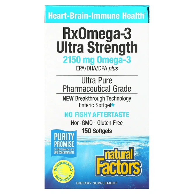 RxOmega-3 Natural Factors Рыбий жир Ultra Strength, 150 желатиновых капсул Enteripure