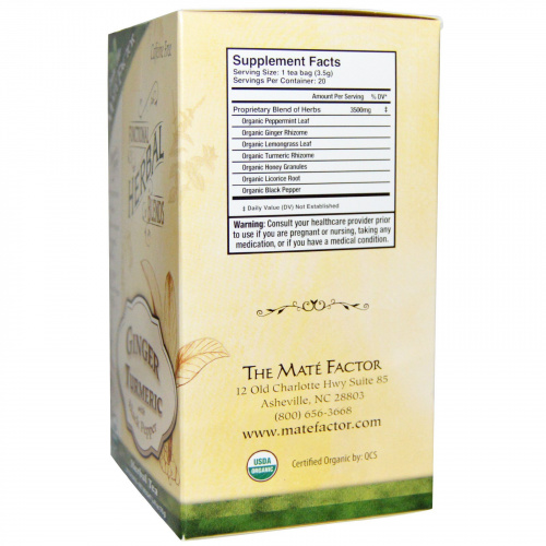 Mate Factor, Organic Functional Herbal Blends, Ginger Turmeric with Black Pepper, 20 Tea Bags, 2.47 oz (70 g)