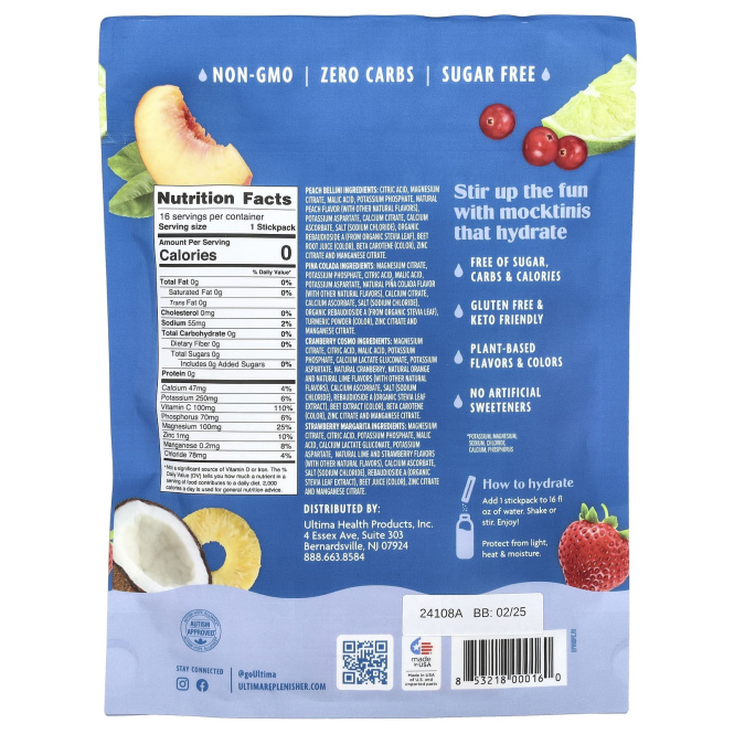 Ultima Replenisher, 6 незаменимых электролитов, ежедневная смесь для приготовления электролитов, набор Mocktini, 16 стиков