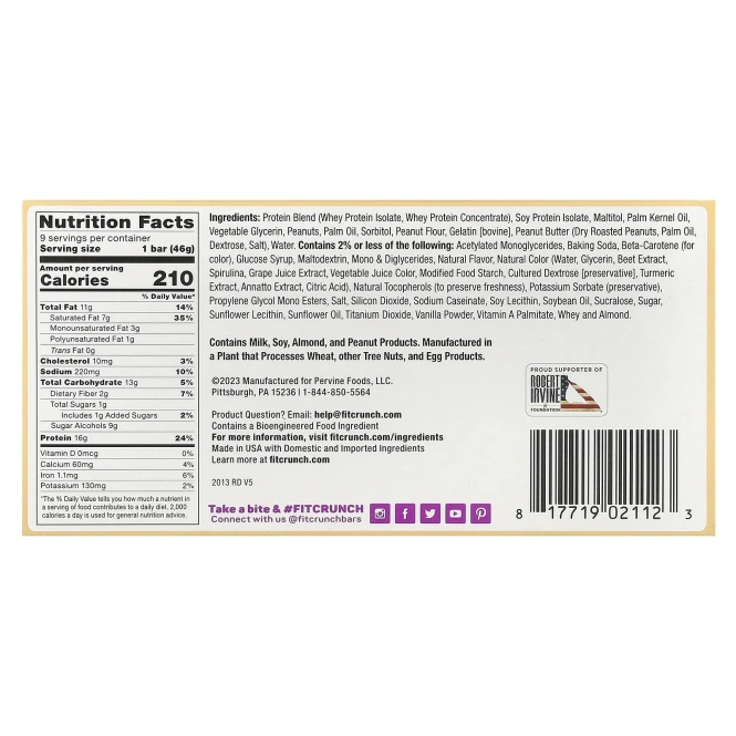 FITCRUNCH, Fit Crunch, батончик с высоким содержанием протеина, арахисовая паста и желе, 9 батончиков, 46 г (1,62) каждый