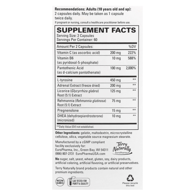 EuroPharma, Terry Naturally, Adrenaplex, максимальная поддержка функции надпочечников, 120 капсул
