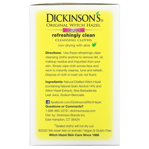 Dickinson Brands, Освежающие влажные салфетки Original Witch Hazel On the Go, 20 шт в упаковке, 12,7 х 17,8 см (5" x 7")