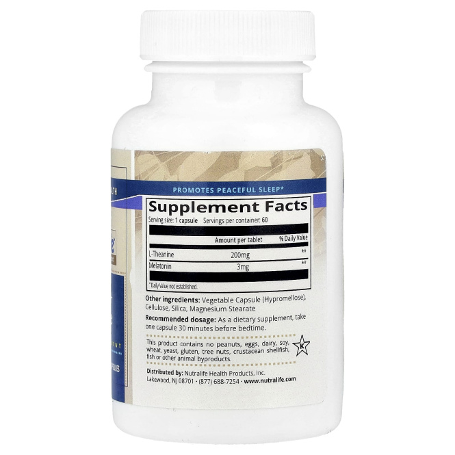 NutraLife, мелатонин и L-теанин, 60 вегетарианских капсул
