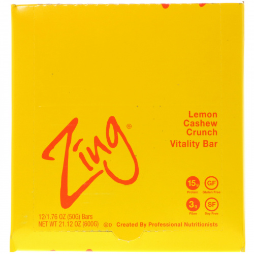 Zing Bars, Vitality Bar, Lemon Cashew Crunch, 12 Bars, 1.76 oz (50 g) Each