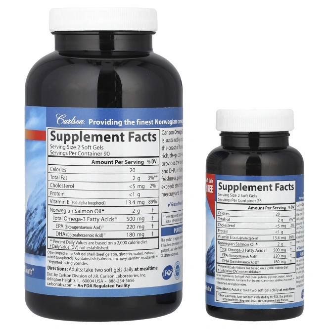 Carlson Labs, Жир норвежского лосося, 500 мг, 180 мягких таблеток +50 мягких таблеток бесплатно