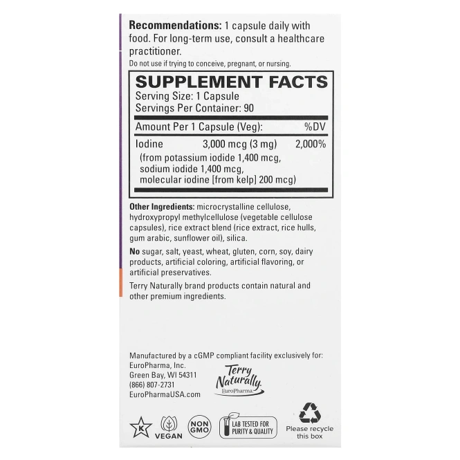 EuroPharma, Terry Naturally, Tri-Iodine, 3 мг, 90 капсул