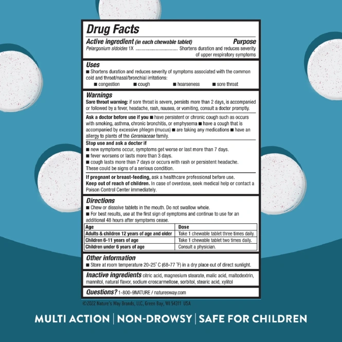 Nature's Way, Umcka, жевательные таблетки от простуды, для детей от 6 лет, вишня, 20 таблеток