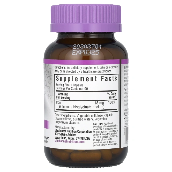 Bluebonnet Nutrition, Хелатированное железо, 18 мг, 90 капсул в растительной оболочке