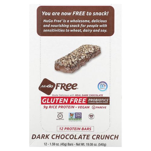 NuGo Nutrition, Хрустящие батончики без глютена, покрытые темным шоколадом, 12 батончиков по 45г каждый