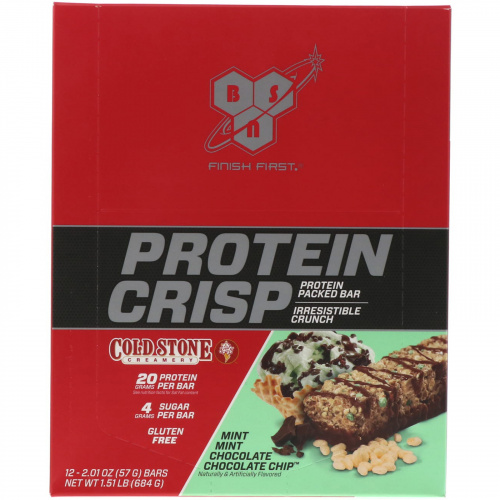 BSN, Protein Crisp, мятный-мятный шоколад с шоколадной крошкой, 12 батончиков, по 2,01 унции (57 г) каждый