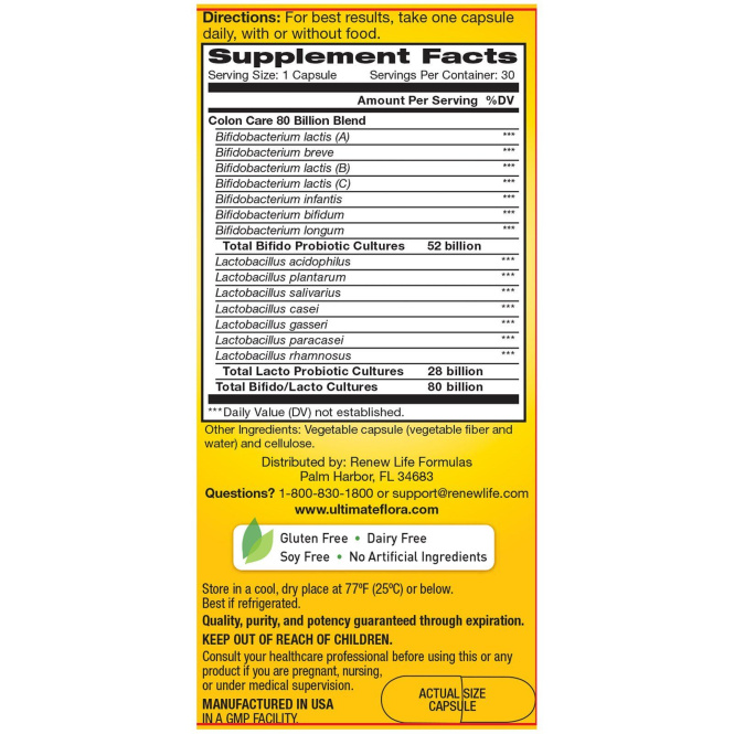Renew Life, Забота о толстой кишке, пробиотик Ultimate Flora, 80 млрд живых культур, 30 растительных капсул