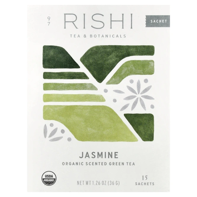 Rishi Tea, Органический ароматизированный зеленый чай, жасмин, 15 пакетиков, 36 г (1,26 унции)