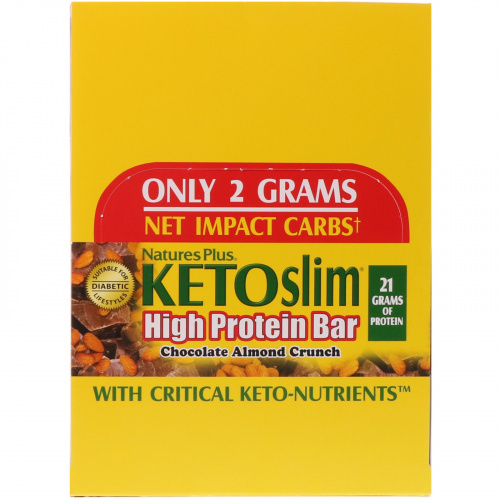 Nature's Plus, KETOslim, батончик с высоким содержанием протеина, шоколад и миндаль, 12 батончиков по 2,1 унции (60 г) каждый