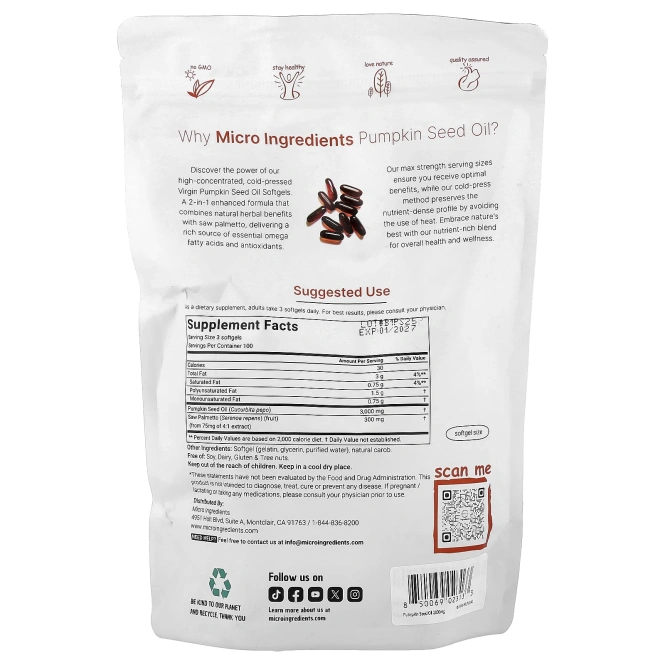 Micro Ingredients, тыквенное масло холодного отжима, 300 капсул