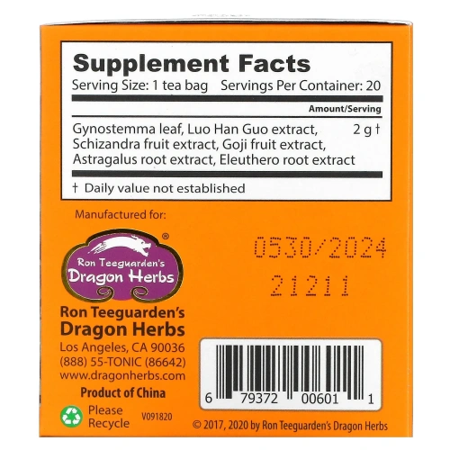 Dragon Herbs, Чай для долголетия Spring Dragon, без кофеина, 20 пакетиков, 1,8 унции (50 г)