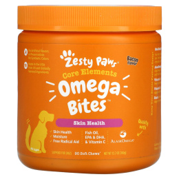 Zesty Paws, Omega Bites, добавка для собак, для здоровья кожи и шерсти животных, с ароматизатором «Бекон», 90 мягких жевательных таблеток