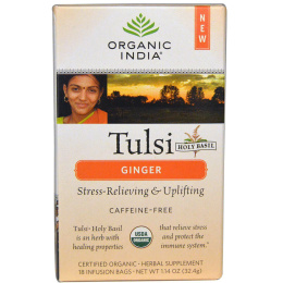 Organic India, Чай с базиликом Holy Basil, без кофеина, имбирь, 18 пакетиков для заваривания, 1,14 унции (32,4 г)